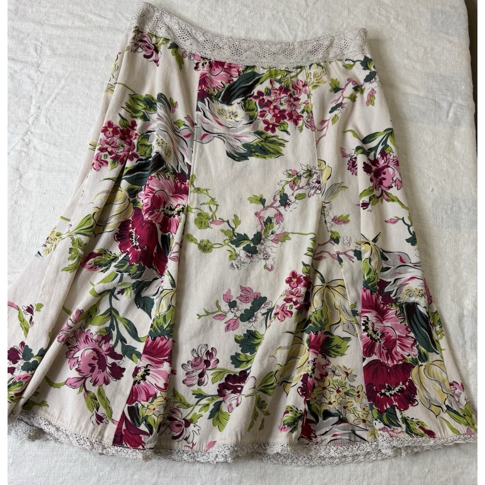 Cabi Floral Skirt Womens 6 Beige Boho Lace Trim Cotton Cottagecore Coquette Rose